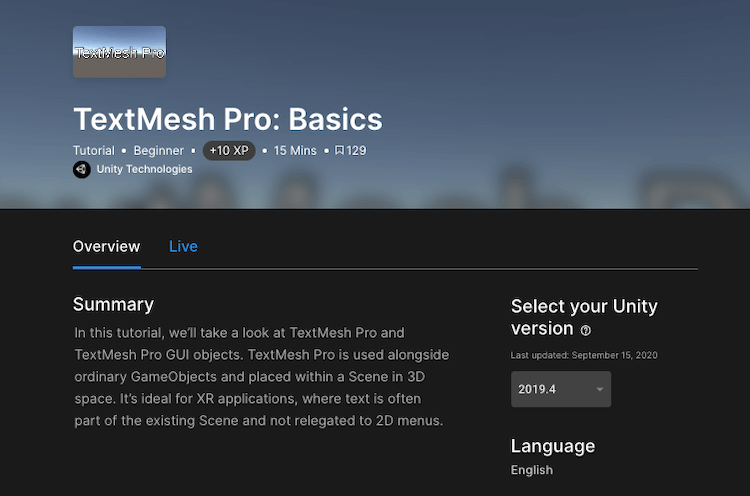 Unity Learn の TextMesh Pro: Basics