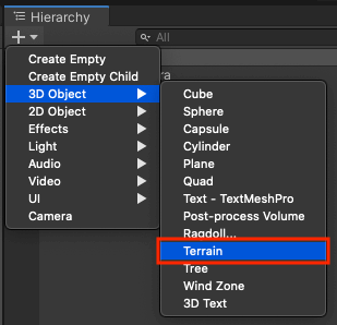 Hierarchy から Terrain オブジェクトを生成