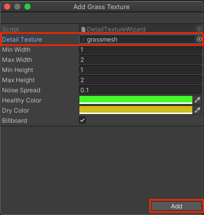 Terrain: Add Grass Texture の設定