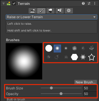 Terrain: Raise or Lower Terrain の Brushes