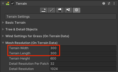 Terrain Settings で Width と Length の設定