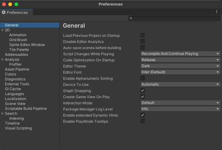 UnityのPreferencesダイアログ