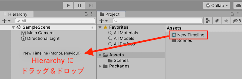 Timeline をヒエラルキーにドラッグ＆ドロップ