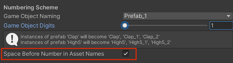 Space Before Number in Asset Names の設定