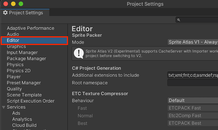 Project Settings の Editor